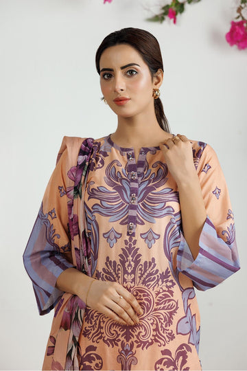 LAD-03100 | Peach & Multicolor | Casual 3 Piece Suit | Cotton Lawn Printed